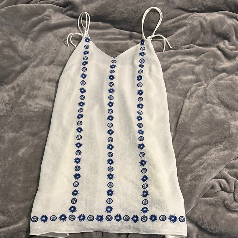 White and Blue Embroidered Spaghetti Strap Dress